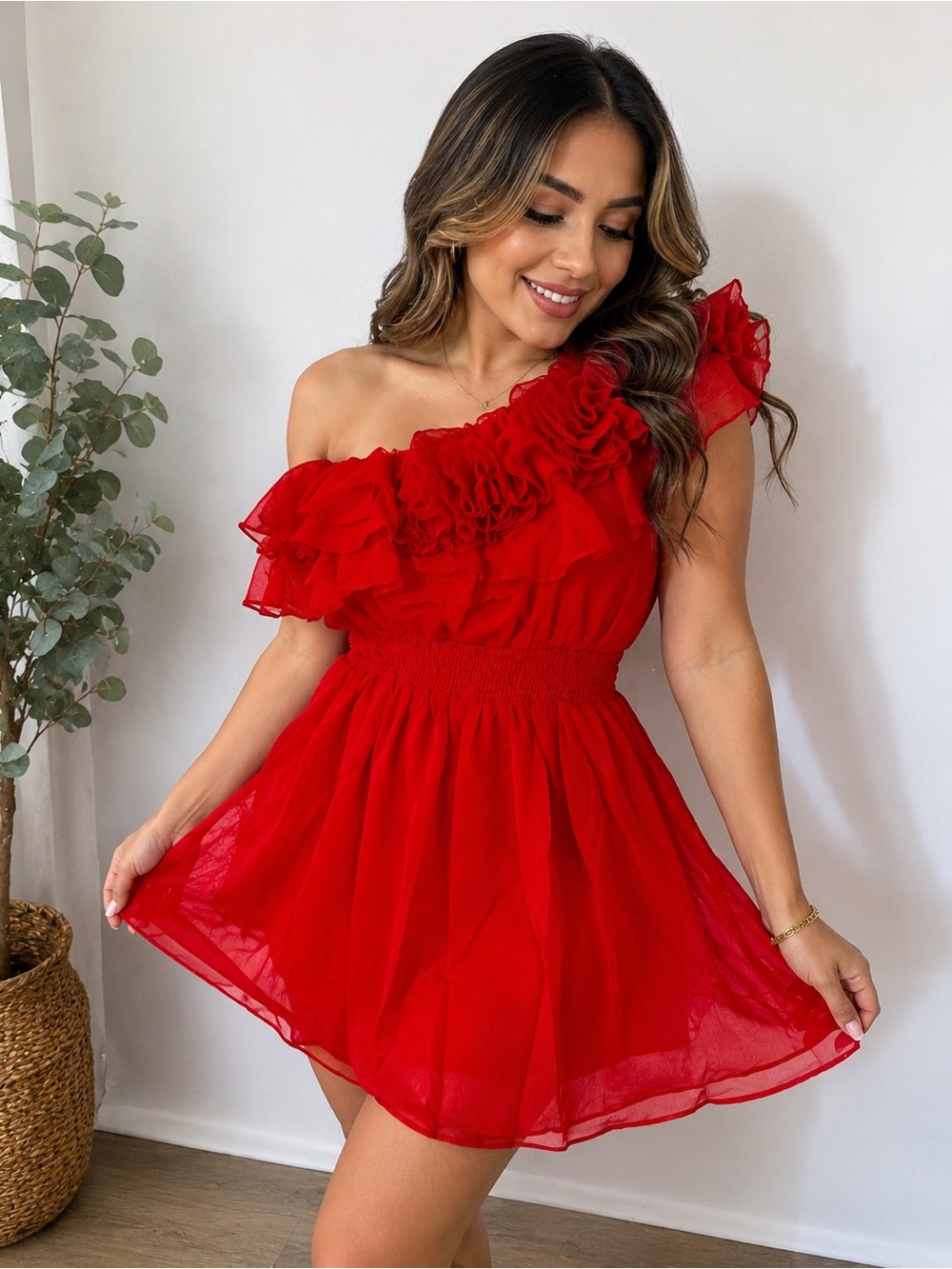 Ruffled One-Shoulder Mini Dress in Vibrant Red